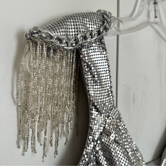 162. BASIX Black Label Silver Metallic Cochella Style Mini Dress •2 - Picture 13 of 15